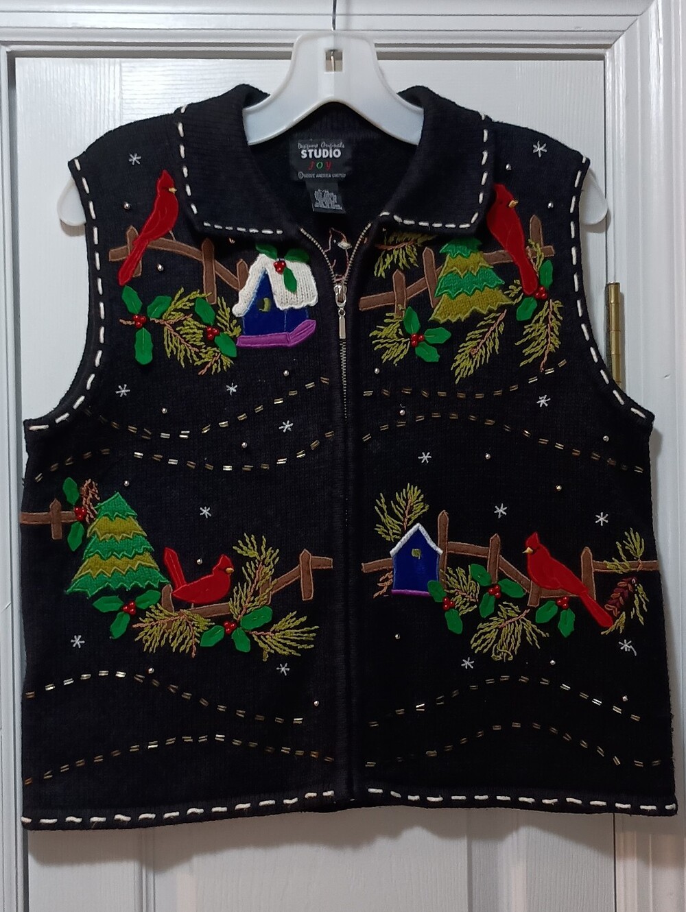 Designers Originals Vintage Black Holiday Vest with Red Cardinal Embroidery